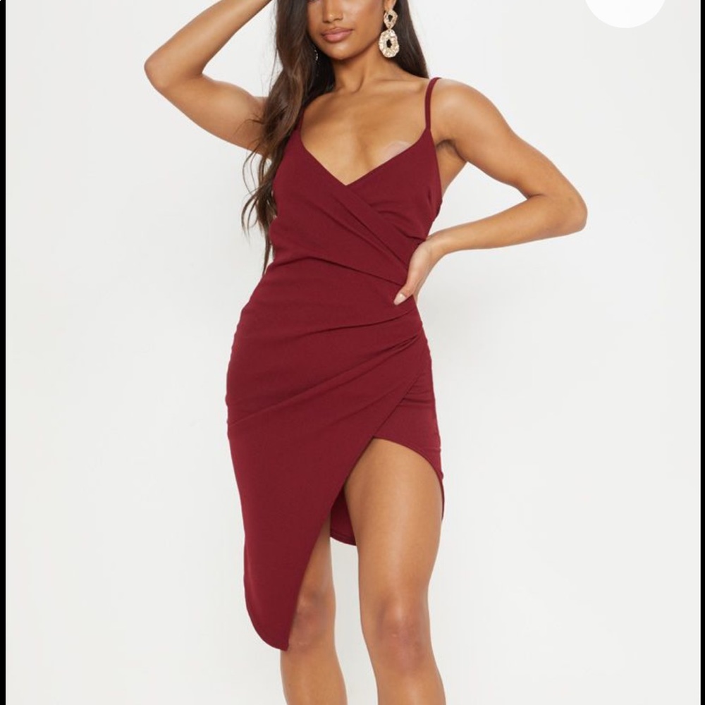 PrettyLittleThing “Lauriell” Burgundy Wrap Dress